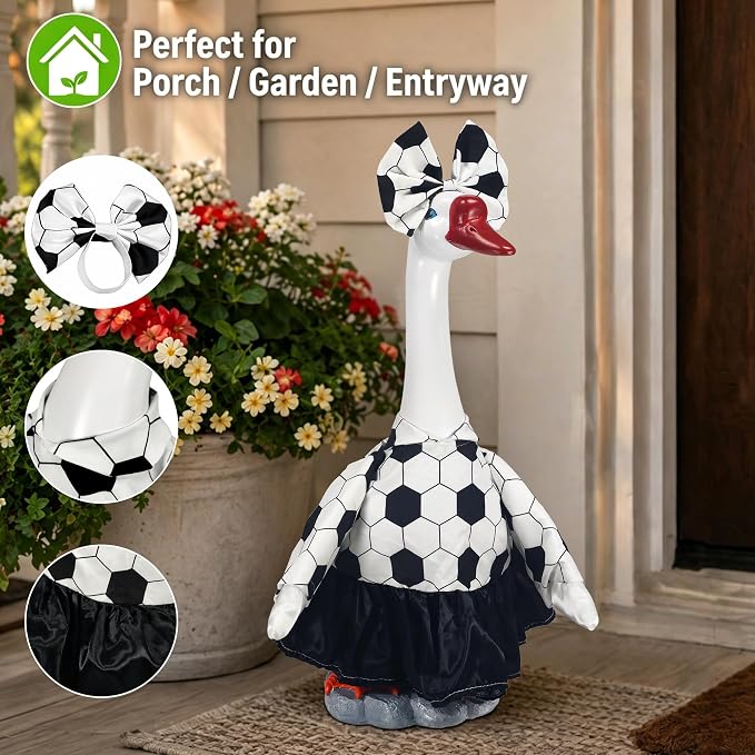 20" Large Porch Goose Statue + 2 Set Soccer Goose Outfits, Outdoor Statue, Football Match Decorations, Weather Resistant Yard Decor for World Cup Game Day Decor, Soccer Fan Gift