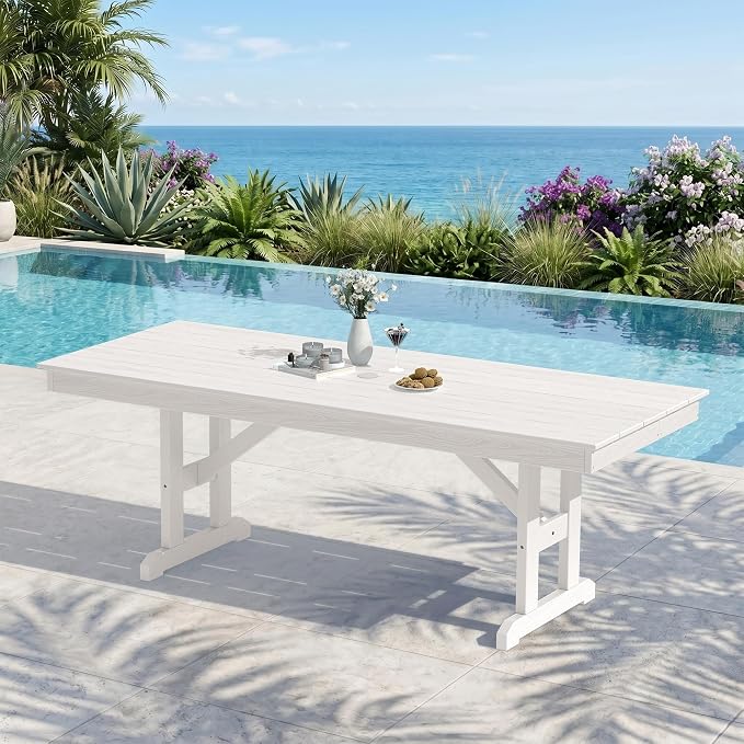 KINGYES Outdoor Dining Table,84 inch HDPE Rectangular Patio Table with Umbrella Hole，Waterproof Patio Furniture for Backyard,White