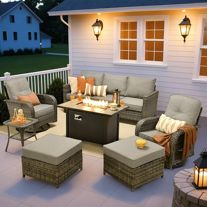 ovios 7 Pieces Patio Furniture Set, Outdoor Wicker Sofa Couch with Rocking Swivel Chairs Fire Pit Table, Modern Deep Seat Rattan Conversation Sets for Deck Porch, Dark Grey
