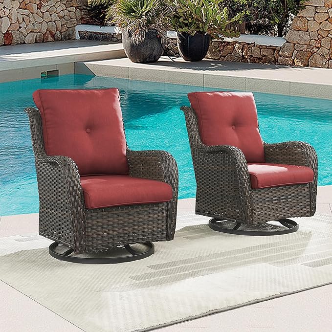 Rilyson Patio Chairs Rocking Swivel Chiar - 3 Piece Outdoor Wicker Patio Bistro Set Rattan Rocker Glider Chairs with High Back and Deep Seating for Outside Porch Deck Garden(Brown/Red)