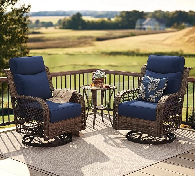 PIZZELLO Outdoor Swivel Chairs 3 Piece Wicker Rocking Chairs Set Patio Furniture Set with Rattan Side Table Rocker Bistro Sets for Outside Porch Backyard (5" Thick Cushions and 25" Full Support Back)
