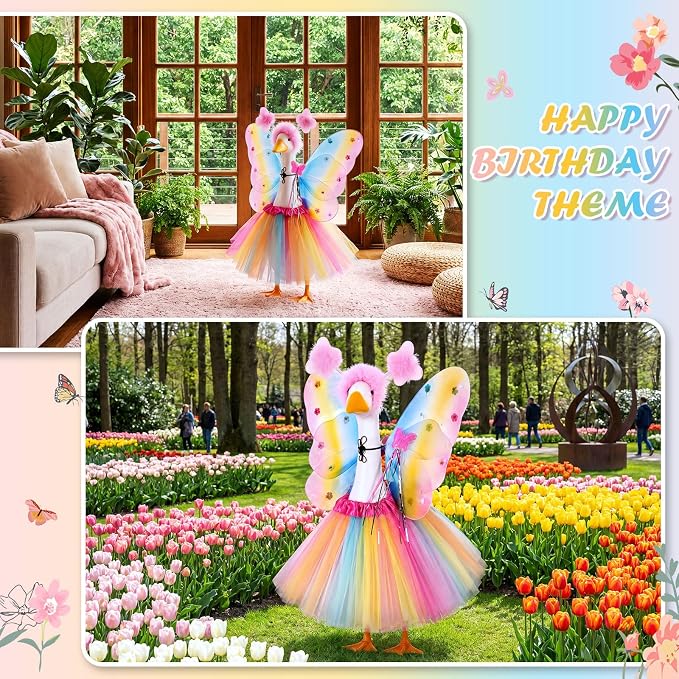5pcs Butterfly Porch Goose Outfit Costume Tutu Skirt Butterfly Wing Wand Flower Crown for 17‘' 23‘' Cement Goose