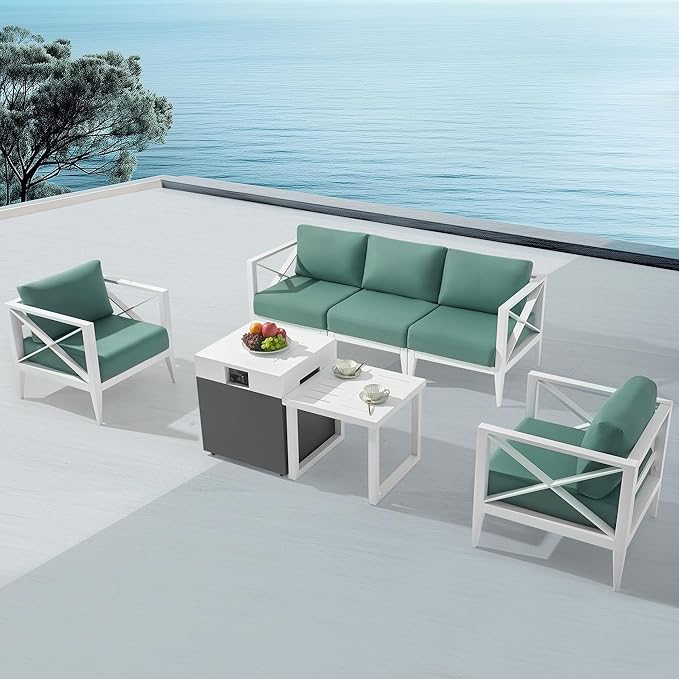 MBY Outdoor Aluminum Patio Furniture Set, 5-Seats Patio Conversation Sofa Set with 37,000 BTU Fire Pit Table w/Glass Wind Guard, All Weather for Pool, Balcony, Garden-White