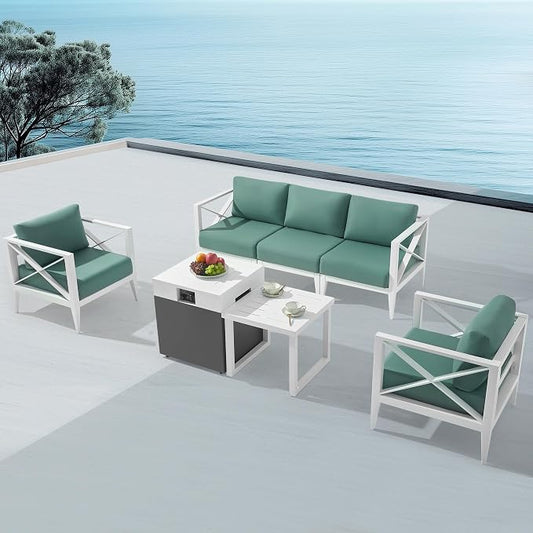 Outdoor Aluminum Patio Furniture Set, 5-Seats Patio Conversation Sofa Set with 37,000 BTU Fire Pit Table w/Glass Wind Guard, All Weather for Pool, Balcony, Garden-White