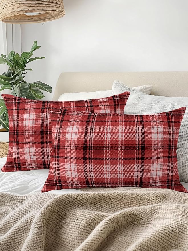 Waterproof Outdoor Pillow 1 Pack Red Checked Plaid Decorative Throw Pillows Cover & Insert 20x12 Inch Lumbar Pillowcase Stripes Woven Grid Pillows for Couch Sofa Bed Patio Furniture Indoor Outdoor