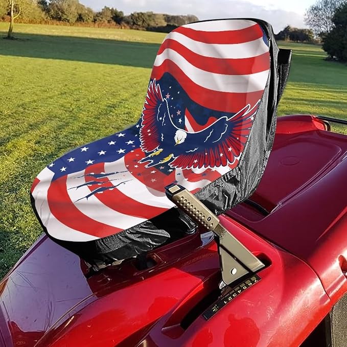 Lawn Mower Seat Cover Craftsman American Flag Eagle Print Tractor Accessories Adjustable Durable Tractor Seat Protective Cover for Lawn Mowers & Tractors