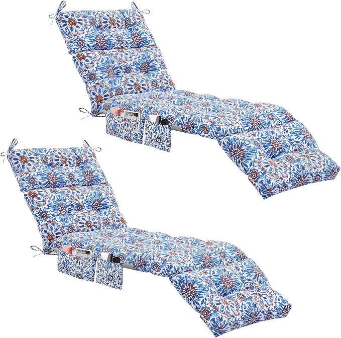 Kigley 2 Pcs Outdoor Chaise Lounge Cushions with 3 Side Pocket 74.5 x 22 x 4.7 Inch Patio Chaise Lounge Cushion, Water-repellent and Fade-resistant Tufted Summer Replacement(Navy Blue Retro