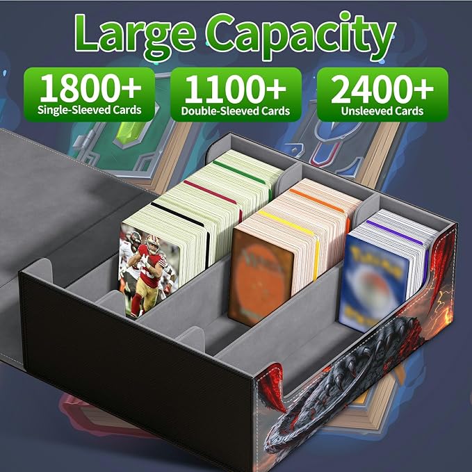 Large Card Deck Box for MTG, Fits 1200+ Sleeved Cards, PU Leather Storage Case with Strong Magnetic Closure, Multiple Colors for TCG CCG Baseball Card Collections, Red-Winged Dragon