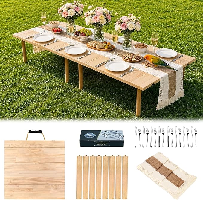 60" x 30" Boho Low Wooden Folding Picnic Table with Table Runner, Portable Boho Picnic Table for Indoor Outdoor Use, Camping, Beach, Garden, Wedding & Party (8 Steak Knives & Forks Included)