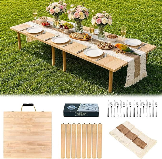 60" x 30" Boho Low Wooden Folding Picnic Table with Table Runner, Portable Boho Picnic Table for Indoor Outdoor Use, Camping, Beach, Garden, Wedding & Party (8 Steak Knives & Forks Included)