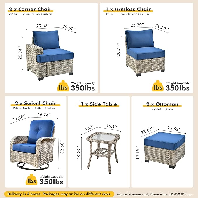 8 Pcs Outdoor Sectional Patio Furniture Set with Swivel Rocking Chair and Ottomans - All Weather Wicker Outside Sectional Couch,Patio Seating Outdoor Conversation Sets for Deck Yard Garden,Navy Blue