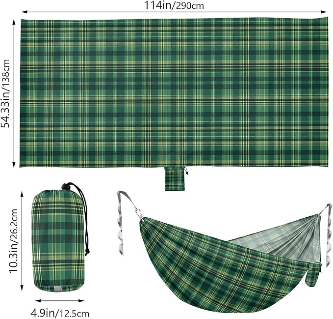 Camping Hammock Outdoor Hammocks for Outside Check Plaid Green 2 Beach Trees Portable Lightweight with Pockets Tree Straps Indoor