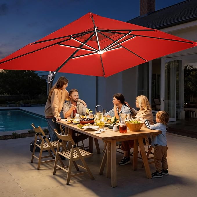 JZAC & QZYD 10X13 FT Outdoor Cantilever Patio Umbrella with Base Included and LED Lights, Large Heavy Duty 2-Tier Aluminum Offset Umbrellas with 360-Degree Rotation for Pool Deck, Red