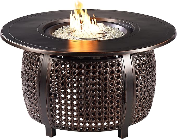 Oakland Living Black Aluminum Patio Fire Table Set with Four Club Chairs with Blue Cushions