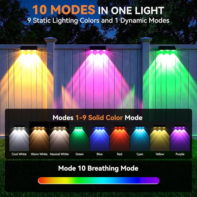 Solar Fence Lights Outdoor 10 Pack, Upgraded Brightness 3X LED Lens Fence Lights Solar Powered, 9 Fixed Colors & RGB Lights, IP65 Waterproof Solar Lights for Outside Backyard/Railing/Step/Patio