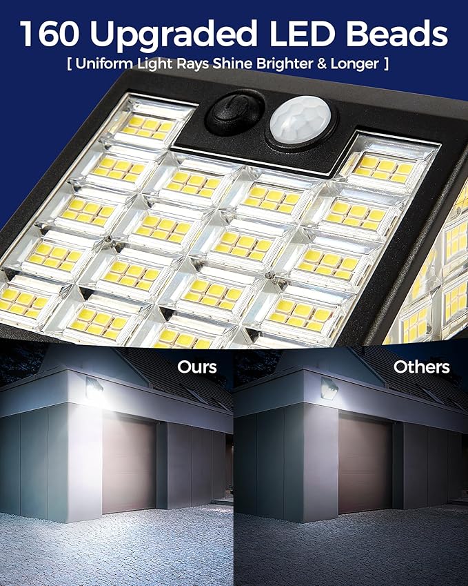 160LEDs Solar Motion Lights Outdoor,3-Sides Solar Wall Lights Outdoor, 270° Wide Angle, 3 Lighting Modes Security Light for Front Door Fence Yad Garage (Adjustable Solar Panel, 4)