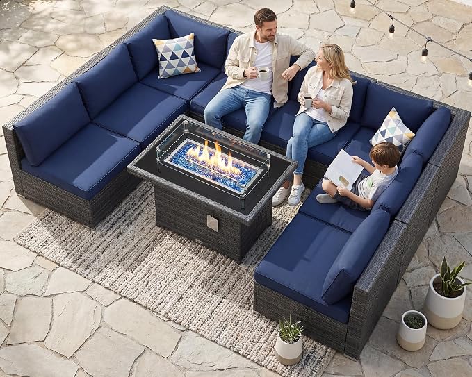 RADIATA 9 Piece Wicker Patio Furniture Set with Fire Pit, All-Weather Outdoor Sectional Couch High Back Large Size, Modular Backyard Seating Sofa Set with Propane/Natural Gas Firepit Table, Grey&Blue