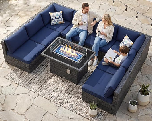 RADIATA 9 Piece Wicker Patio Furniture Set with Fire Pit, All-Weather Outdoor Sectional Couch High Back Large Size, Modular Backyard Seating Sofa Set with Propane/Natural Gas Firepit Table, Grey&Blue