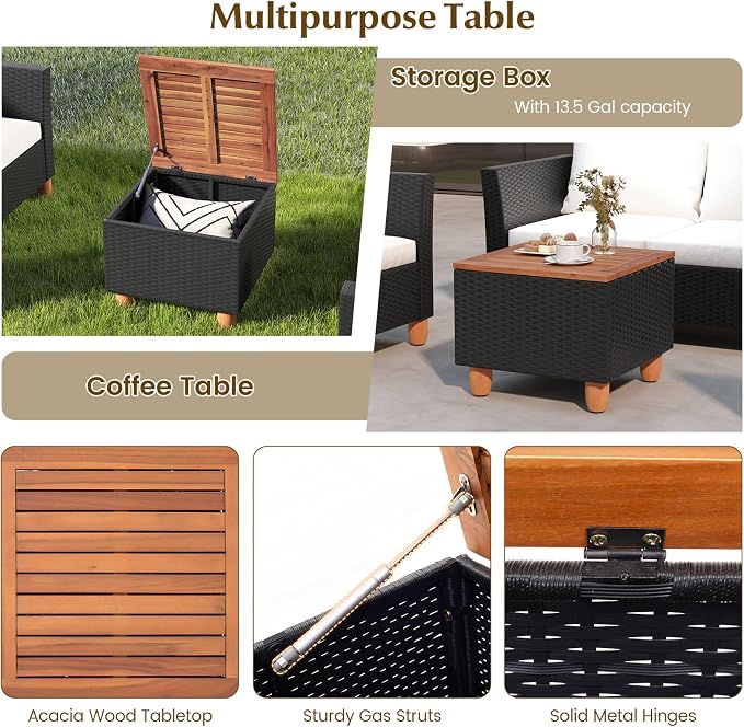 HAPPYGRILL 4 Pieces Wicker Patio Conversation Set, PE Rattan Chair & Ottoman Set with Removable Cushions, Storage Coffee Table, Outdoor Furniture Set for Garden Backyard Poolside (Off White)