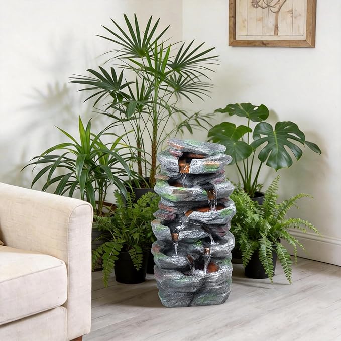 Rock Waterfall Outdoor Fountain with LED Lights Cascading Stone Garden Fountain for Patio Backyard Lawn Deck Resin Tiered Water Feature Outdoor Decor 23.6 Inch