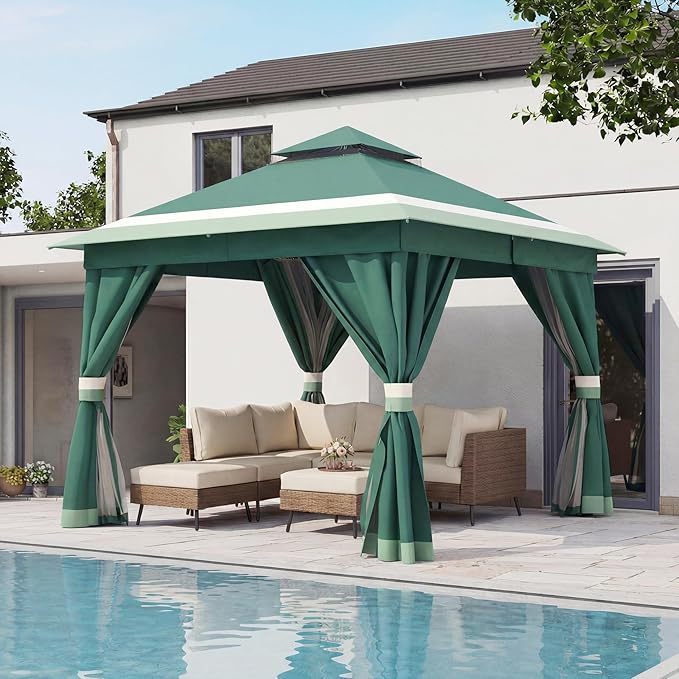 LAUSAINT HOME 10'x10' Outdoor Gazebo, Metal Frame Heavy Duty Patio Canopy Tent Shelter with Double Roofs, Mosquito Nettings and Privacy Screens for Backyard, Garden, Lawn, Forest Green