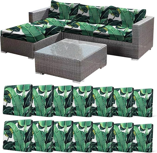 CALBODE 14 Pcs Stretch Outdoor Seat Cushion Covers, Washable Chair Seat Cover for Patio Furniture Cushions Soft Indoor and Outdoor Couch Cover Replacement (Monstera, Cover Only)
