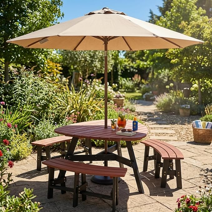 KEIKI 6-Person Outdoor Picnic Table Set with Benches & Umbrella Hole | Seats 6 with a 1,500 lb capacity, solid fir wood, umbrella hole, and 3 built-in benches for outdoor dining