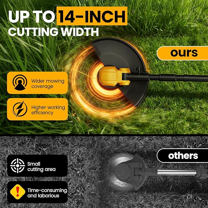 Electric String Trimmer, 14-Inch 2x3.0Ah 21V Battery Powered Weed Eater, Electric Lawn Mower Weed Wacker with Wheels, Brush Cutter Grass Trimmer for Garden Yard