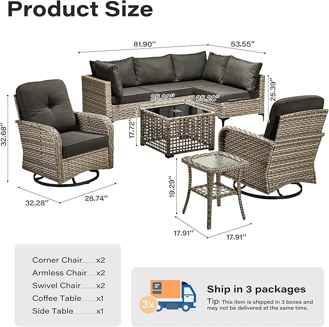 8 Pieces Outdoor Sectional Patio Furniture Set with Swivel Rocking Chairs,Conversation Sets Rattan Wicker L Shaped Couch,Modular Outdoor Sofa for Porch Balcony Backyard Black