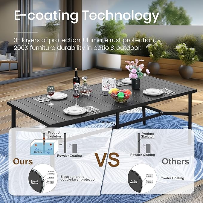 PHI VILLA 9 Pieces Outdoor Dining Set for 8, Rectangle Large Metal Iron Table with Umbrella Hole & Cushioned Wicker Chairs, Large Dining Furniture for Patio, Deck, Yard, Porch