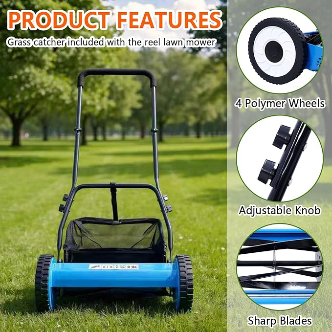 20" Push Reel Lawn Mower, 5-Blade Manual Push Lawn Mower with Grass Catcher and Adjustable Cutting Height, No-Motor Grass Cutter Machine for Small Yards & Gardens