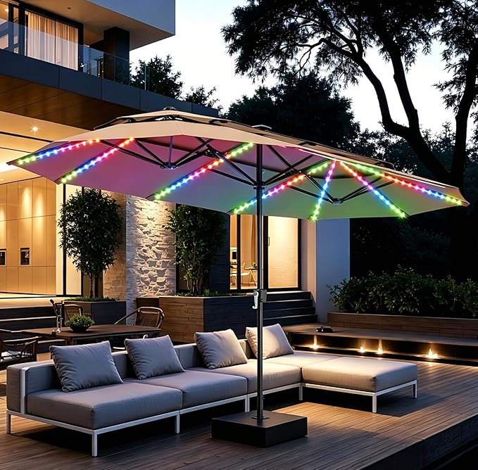 PHI VILLA 13ft Patio Umbrella with 120 PCS Solar-Powered LED Color-Changing Lights, 2-Tier Double-Sided Large Rectanglular Umbrella with Base Included,Beige