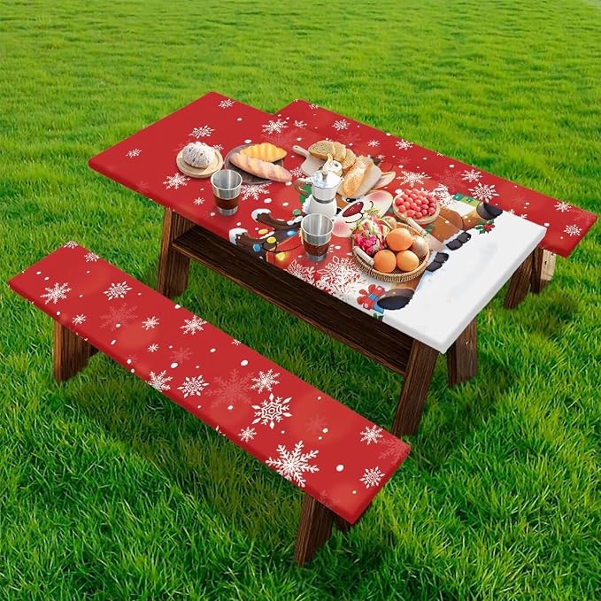 Christmas Reindeer Picnic Table Cover with Bench Covers Elastic Picnic Table Covers Outdoor Table and Chairs Decorative Sets Camping Essentials Suitable for Summer Outdoor Camping