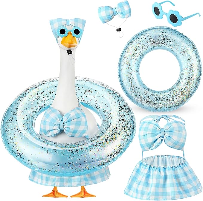 Bikini Porch Goose Outfits with Sunglasses and Swimming Tube for 23" Summer Goose Costume Garden Patio Statue Decor(Blue Plaid)