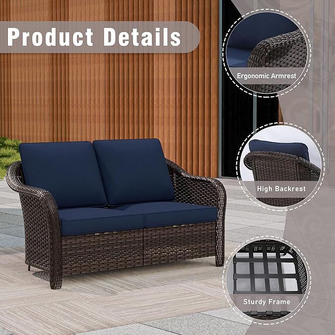 7 Piece Patio Wicker Conversation Set, 2 All-Weather Use Outdoor Wicker Loveseat with 2 PE Rattan Ottomans,2 Swivel Chair, 1 Side Table, Ideal for Porch, Backyard, Balcony, Poolside, Blue