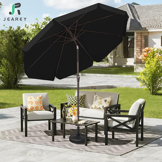 JEAREY 9 FT Patio Umbrella Outdoor, Table Umbrellas Market Umbrella w/Push Button Tilt/Crank, 8 Sturdy Ribs(black)