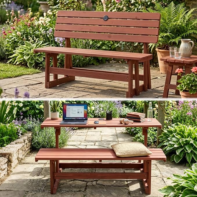 2-in-1 Convertible Bench Picnic Table - Outdoor Folding Dining Set w/Backrest & Umbrella Hole. Solid Wood, Waterproof & UV-Resistant - Ideal for Backyard, Patio, Garden & Parkway