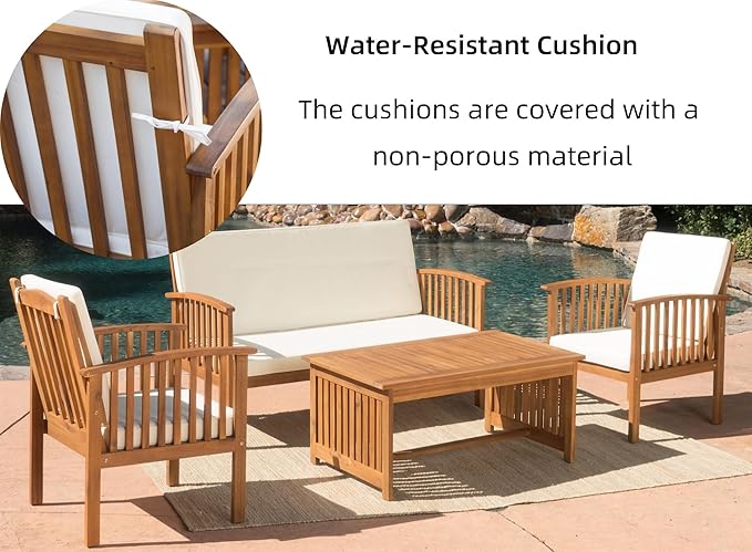 Merax 4 Piece Patio Conversation Table and Chairs Furniture Sets, Acacia Wood Outdoor Dining Couch Sofa for Porch Deck Backyard Lawn Balcony Bistro, Brown