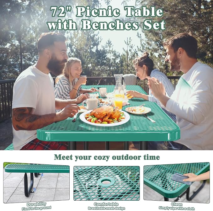 Ceridwen Heavy Duty Picnic Table with 2 Benches, Expanded Metal Steel Mesh Outdoor Patio Dining Table Bench Set with Umbrella Hole,Outdoor Patio Dining Table for Garden (Rectangular, Green, 6FT)