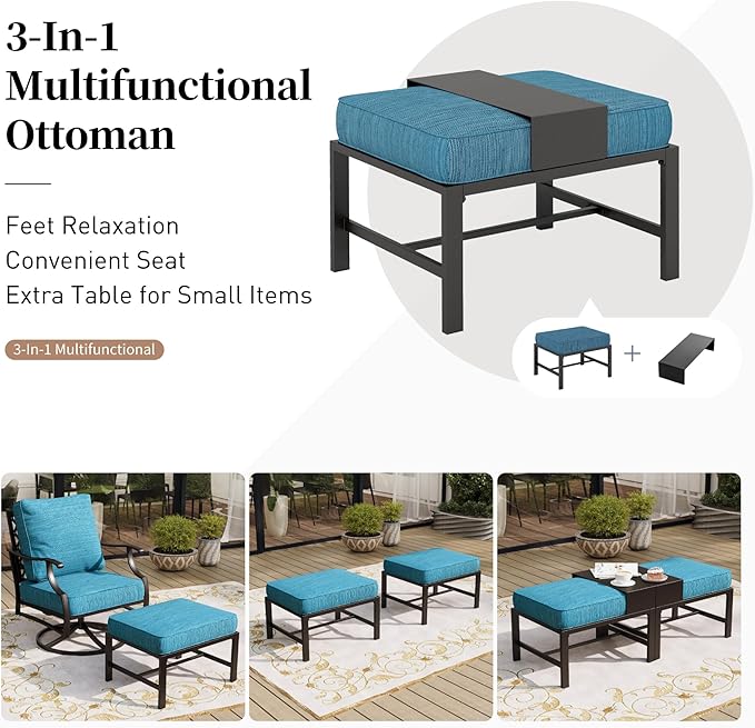 5 Piece Metal Outdoor Patio Furniture Set, Patio Conversation Sets 3-seater Sofa, 2 Swivel Chairs, 2 Ottomans with 5.75" Thick Cushion, Black All-weather Backyard Furniture Set, Blue-2
