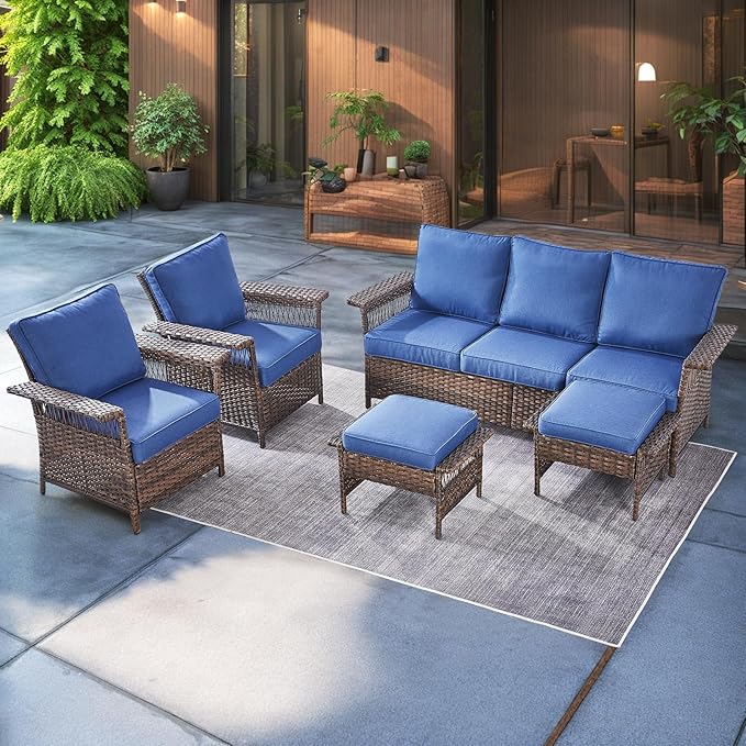 Outdoor Wicker Patio Furniture Set - 5 Piece Rattan Patio Conversation Sets with 2 Wicker Chairs,2 Ottomans and 1 Sofa for Porch Deck Garden(Brown/Blue)
