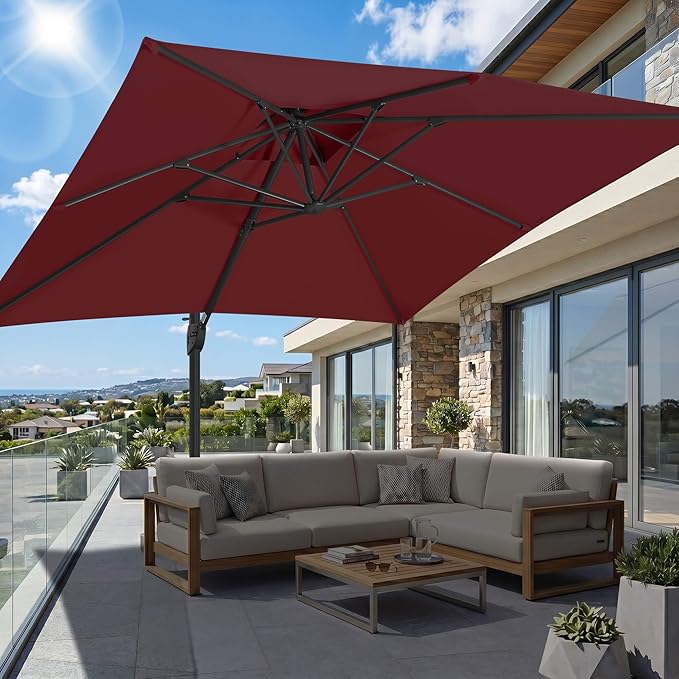 FLAME&SHADE 10 X 10 FT Cantilever Patio Umbrella - Large Square Offset Umbrella Outdoor Patio with 360-Degree Rotation and 3-Year Fade Resistance Fabric for Deck Pool Backyard Garden (Burgundy)