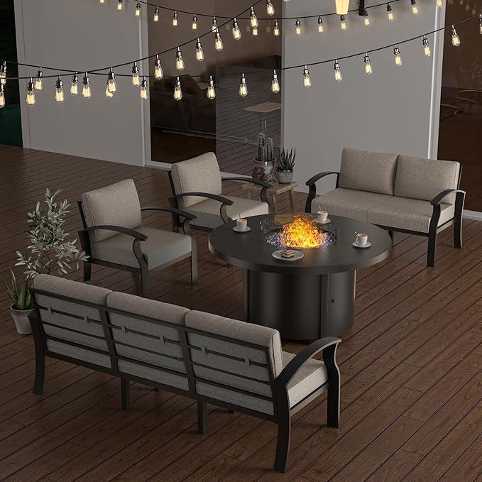 ALAULM Aluminum Patio Furniture Set with Round Propane Fire Pit Table 7-seat Metal Outdoor Furniture w/5.1" Cushions Patio Sectional Sofas for Porch, Lawn, Poolside（Sand