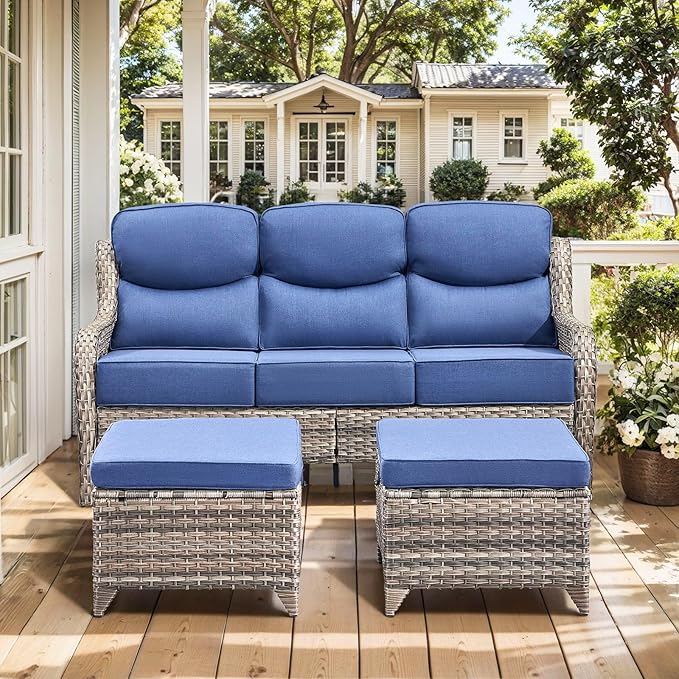 HUMMUH Luxury Patio Furniture Set 6-inch Thick Cushions High Back Swivel Rocker Chairs & 3 Seater-Couch & Steel Fire Pit Table 7 Pieces Outdoor Conversation Set for Porch,Deck,Backyard
