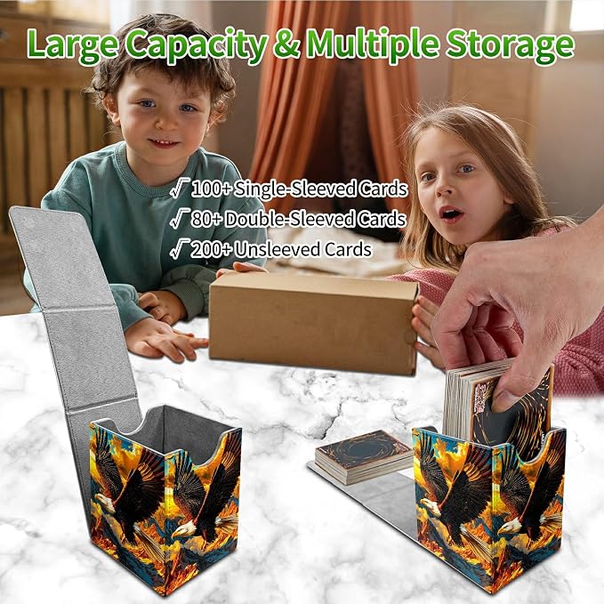 Deck Box for MTG, Cards Storage Box Fits 120+ Sleeved, Leather Medium Size Strong Magnetic Closing Card Case for Board Games Magic TCG CCG Baseball Collection, Mountain Eagle