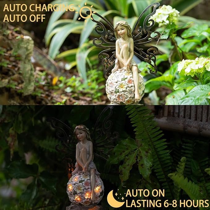 Suyorpe Solar Garden Fairy Statues Light Outdoor Decor - Fairies for Fairy Garden Housewarming Ornament for Patio, Lawn, Yard, Pathway Unique Gift Ideas for Gardening Mom Grandma ﻿