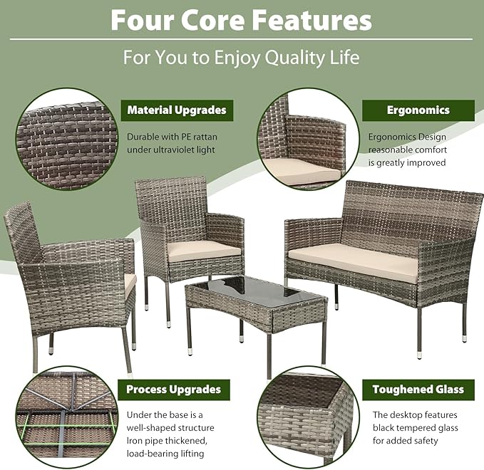 PayLessHere Outdoor Furniture Set 4 Pcs Modular Patio Furniture Set Water Resistant Conversation Set with 3 Rattan Chairs 1 Tempered Glass Topped Table for Patio Poolside, Gray Wicker/Khaki Cushions