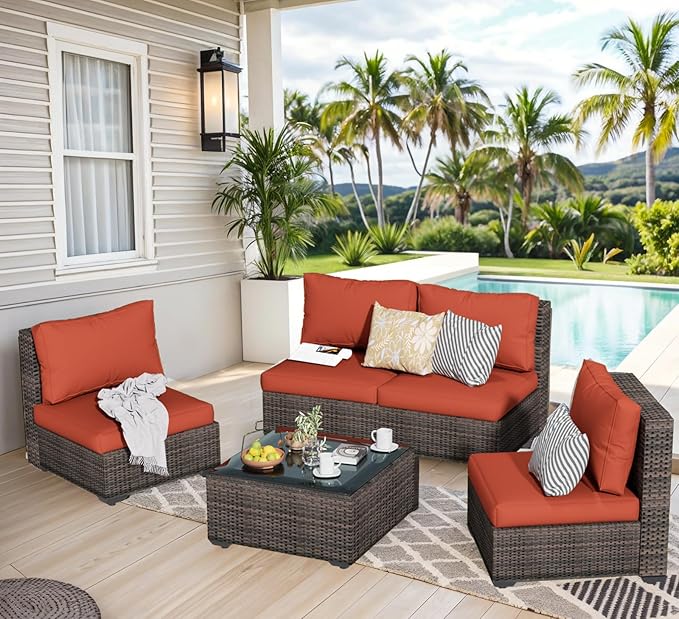 5 Piece Patio Furniture Set All Weather PE Rattan Outdoor Sectional Sofa Couch with No-Slip Cushions and Glass Top Table for Garden, Poolside, Backyard (Red)