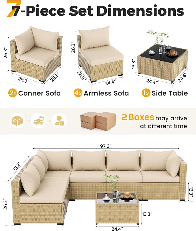 UDPATIO Furniture Set with Fire Pit Table, 8 Piece Sectional Sofas, All-Weather Wicker Conversation for Garden, Backyard, Yellow/Beige