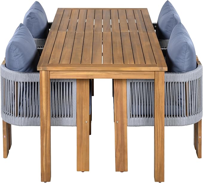 Acacia Wood Patio Dining Set for 4, All-Weather Outdoor Dinning Set Conversation Set with 4 Rope Woven Chairs and Cushions for Garden Backyard Balcony (Brown,Gray)